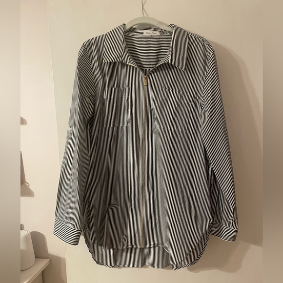 NWOT Calvin Klein Womens Shirt Blouse Top Striped Cotton Zip Front Pockets - Picture 4 of 9